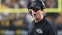 Baltimore Ravens head coach John Harbaugh reacts during the second half at Acrisure Stadium
