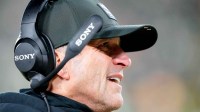 Baltimore Ravens head coach John Harbaugh is seen during the second quarter against the Green Bay Packers at Lambeau Field.