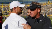 Green Bay Packers head coach Matt LaFleur greets Oakland Raiders head coach Jon Gruden following the game at Lambeau Field.