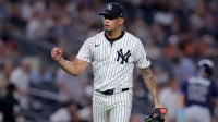 New York Yankees relief pitcher Jonathan Loaisiga (43) reacts during the eighth inning against the Tampa Bay Rays at Yankee Stadium.