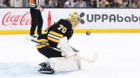 Boston Bruins goaltender Joonas Korpisalo (70) makes a save during the second period against the Calgary Flames at TD Garden.