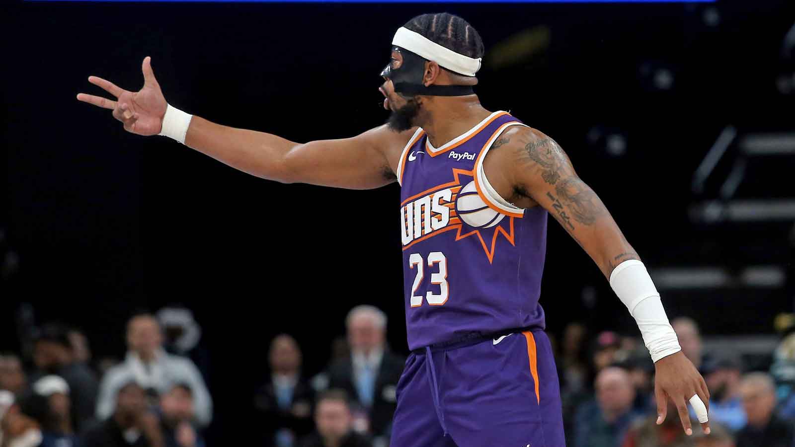 Phoenix Suns guard Jordan Goodwin (23) reacts during the second quarter against the Memphis Grizzlies at FedExForum.