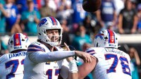 Buffalo Bills quarterback Josh Allen (17) passes during the thrid quarter in an NFL football AFC Wild Card playoff matchup, Sunday, Jan. 11, 2026, in Jacksonville, Fla. Bills lead 10-7 at the half over the Jaguars. The Bills defeated the Jaguars 27-24.