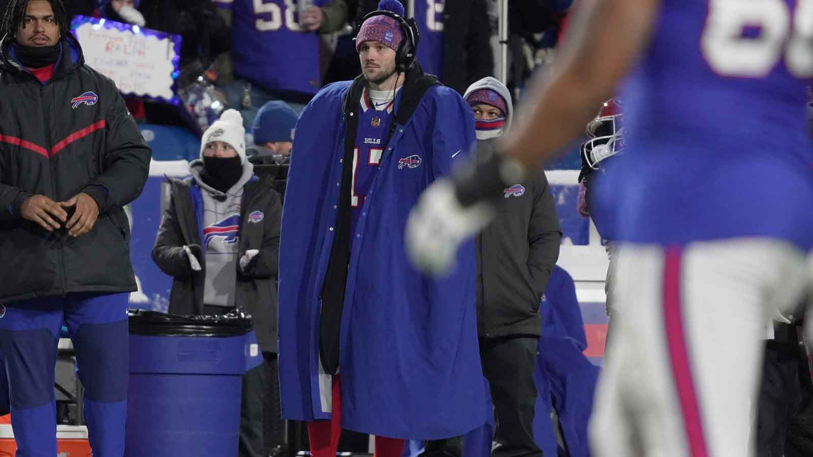 Buffalo Bills quarterback Josh Allen watches the action from the sidelines at Highmark Stadium in Orchard Park on Jan. 4, 2026.