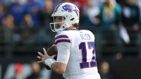 Buffalo Bills quarterback Josh Allen (17) looks to pass during the first half against the Jacksonville Jaguars in an AFC Wild Card Round game at EverBank Stadium.