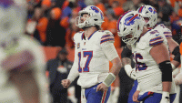 Buffalo Bills quarterback Josh Allen is disappointed in having to try for a field goal to tie the game after several unsuccessful drives to the end zone during second half action at Empower FIeld at Mile High in Denver, Colorado on Jan. 17, 2026.