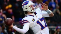 Buffalo Bills quarterback Josh Allen (17) warms up prior to a game against the Cleveland Browns at Huntington Bank Field.