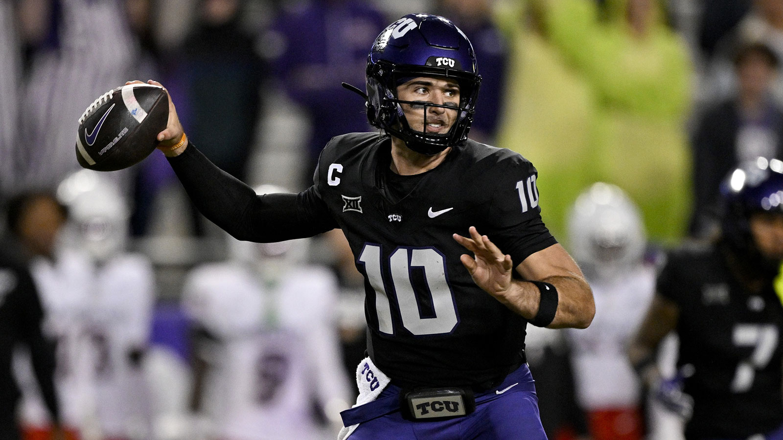 TCU Horned Frogs quarterback Josh Hoover (10) sets the play during the game between the Horned Frogs and the Bearcats at Amon G. Carter Stadium.