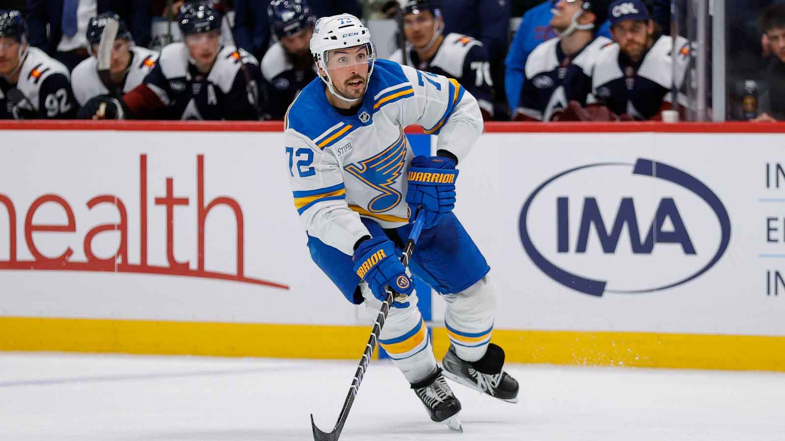 St. Louis Blues defenseman Justin Faulk (72) controls the puck in the third period against the Colorado Avalanche at Ball Arena.