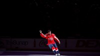 Washington Capitals right wing Justin Sourdif (34) waves to the crowd after being named number one star of the game against the Anaheim Ducks at Capital One Arena.