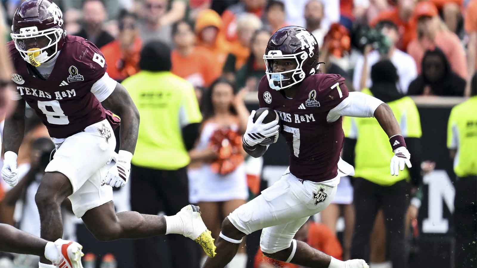Texas A&M Aggies wide receiver KC Concepcion (7) runs the ball against the Miami Hurricanes during the second half at Kyle Field.