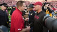 Indiana Hoosiers head coach Curt Cignetti (left) shakes hands with Alabama Crimson Tide head coach Kalen Deboer after the 2026 Rose Bowl and quarterfinal game of the College Football Playoff at Rose Bowl Stadium.