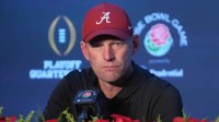 Alabama Crimson Tide head coach Kalen DeBoer speaks in a press conference after the 2026 Rose Bowl and quarterfinal game of the College Football Playoff at Rose Bowl Stadium.