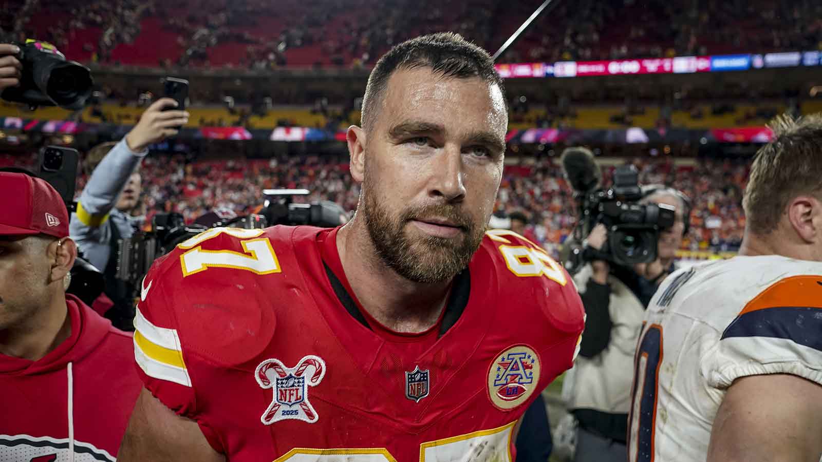 Kansas City Chiefs tight end Travis Kelce (87) after the game at GEHA Field
