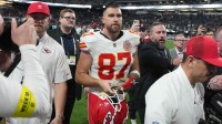 Kansas City Chiefs tight end Travis Kelce (87) leaves the field after the game against the Las Vegas Raiders at Allegiant Stadium.