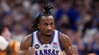Kansas Jayhawks guard Darryn Peterson (22) reacts during the first half against the Iowa State Cyclones at Allen Fieldhouse