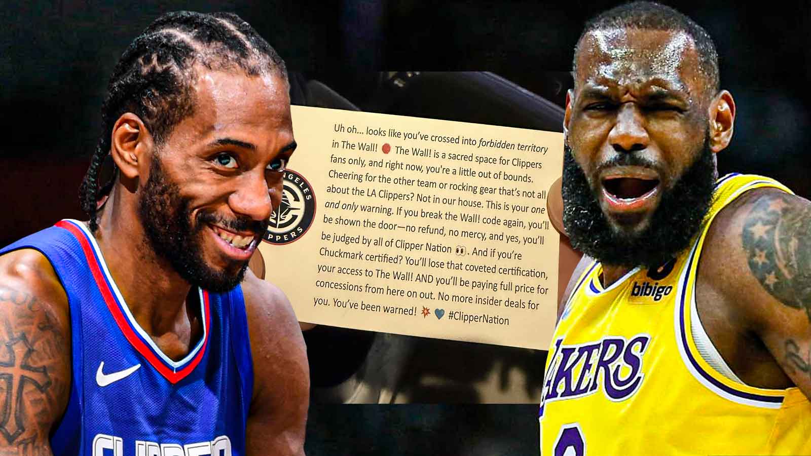 Lakers fan slapped with viral warning for sitting on Clippers Wall with Lakers jersey