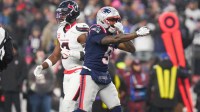 New England Patriots wide receiver Kayshon Boutte (9) reacts after a play in the second quarter against the Houston Texans in an AFC Divisional Round game at Gillette Stadium.