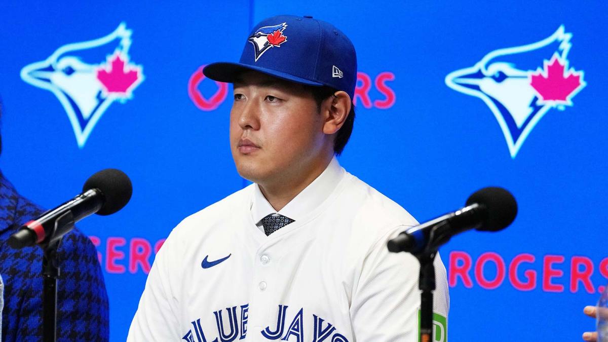 Toronto Blue Jays Kazuma Okamoto speaks to the media during the press conference at Rogers Centre.
