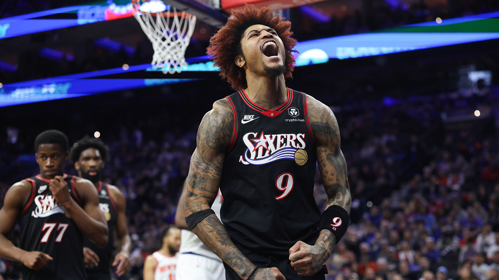 Philadelphia 76ers guard Kelly Oubre Jr. (9) reacts after a score and one against the New York Knicks during the fourth quarter at Xfinity Mobile Arena.