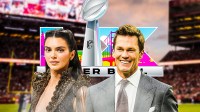 Kendall Jenner and Tom Brady in front of Super Bowl 60 logo and Levi's Stadium background.