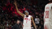 Houston Rockets forward Kevin Durant (7) receives a standing ovation from fans as he is recognized for surpassing Wilt Chamberlain's career total points scored during the second half in a game against the Portland Trail Blazers at Moda Center.
