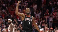 Houston Rockets Kevin Durant (7) celebrates his three point winning basket against the Phoenix Suns in the fourth quarter at Toyota Center.