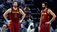Cleveland Cavaliers forward Kevin Love (0) talks with Cleveland Cavaliers guard Ricky Rubio (3) during a time-out during the first half against the Memphis Grizzlies at FedExForum.