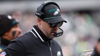 Philadelphia Eagles offensive coordinator Kevin Patullo during the first quarter against the Las Vegas Raiders at Lincoln Financial Field.