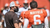 Cleveland Browns quarterback Baker Mayfield (6) talks with head coach Kevin Stefanski during training camp at the Cleveland Browns training facility.