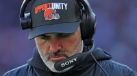 Cleveland Browns coach Kevin Stefanski hangs his head during the second half as his team trails the Buffalo Bills on Dec. 21, 2025, in Cleveland.
