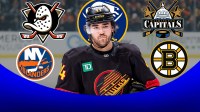 Kiefer Sherwood surrounded by Islanders, Anaheim Ducks, Sabres, Capitals and Bruins logos