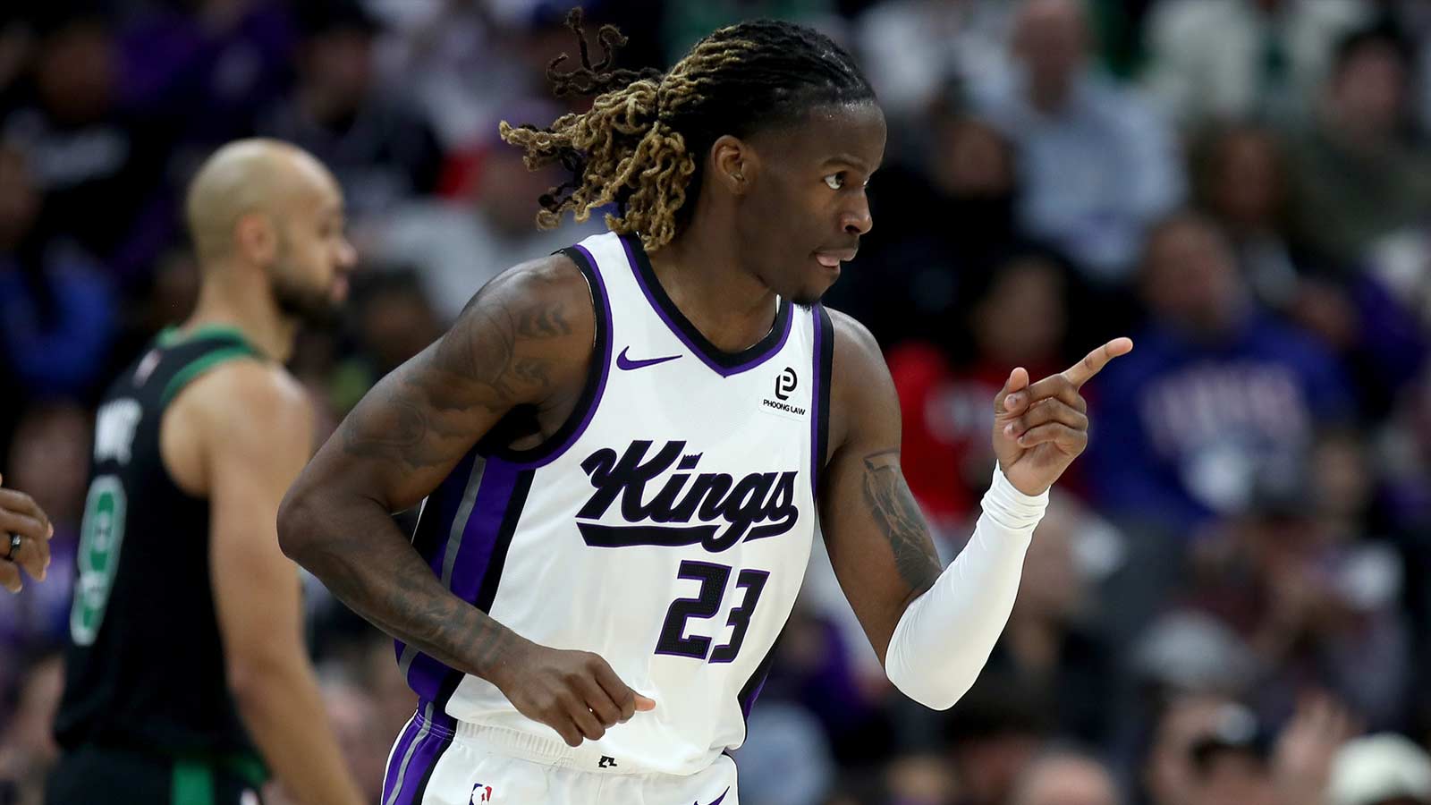 Sacramento Kings guard Keon Ellis (23) reacts after making a three-point basket against the Boston Celtics during the second quarter at Golden 1 Center.
