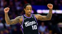 Kings guard DeMar DeRozan (10) celebrates after a basket during the third quarter against the New York Knicks at Golden 1 Center
