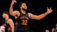 Knicks center Karl-Anthony Towns (32) reacts during the fourth quarter against the Sacramento Kings at Madison Square Garden