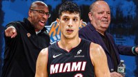 Simone Fontecchio in the middle, Coach Mike Brown and GM Leon Rose around him, New York Knicks wallpaper in the background