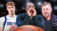 Knicks Mike Brown yelling angrily, Cooper Flagg Mavericks, James Dolan in Knicks scarf with Madison Square Garden behind them