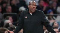 New York Knicks head coach Mike Brown reacts to a call in the second quarter against the Atlanta Hawks at Madison Square Garden.