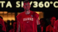 Atlanta Hawks center Kristaps Porzingis (8) shown before the start of the game against the Minnesota Timberwolves at State Farm Arena.