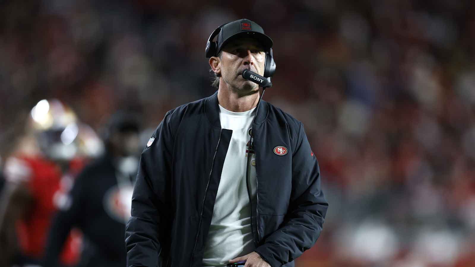 San Francisco 49ers head coach Kyle Shanahan looks on in the first half against the Chicago Bears at Levi's Stadium.