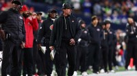 San Francisco 49ers head coach Kyle Shanahan on the sidelines against the Seattle Seahawks during the first half in an NFC Divisional Round game at Lumen Field.