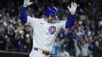 Chicago Cubs right fielder Kyle Tucker (30) reacts after hitting a home run against the Milwaukee Brewers during the seventh inning for game four of the NLDS round for the 2025 MLB playoffs at Wrigley Field.