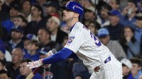 Chicago Cubs right fielder Kyle Tucker (30) hits a home run against the Milwaukee Brewers during the seventh inning for game four of the NLDS round for the 2025 MLB playoffs at Wrigley Field.