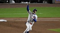 Chicago Cubs right fielder Kyle Tucker (30) reacts after hitting a home run against the Milwaukee Brewers during the seventh inning in game four of the NLDS round for the 2025 MLB playoffs at Wrigley Field.