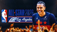 Kyshawn George smiles next to NBA All-Star Weekend 2026 logo