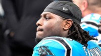 Carolina Panthers offensive tackle Ikem Ekwonu (79) on the bench in the fourth quarter against the Buffalo Bills at Bank of America Stadium.