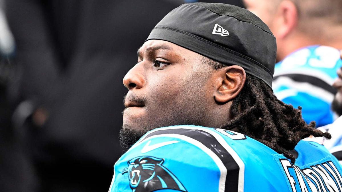 Carolina Panthers offensive tackle Ikem Ekwonu (79) on the bench in the fourth quarter against the Buffalo Bills at Bank of America Stadium.