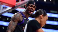 Los Angeles Lakers forward Jarred Vanderbilt (2) reacts to a foul call during the first half at Crypto.com Arena.