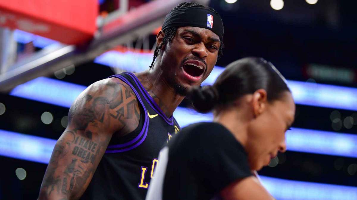 Los Angeles Lakers forward Jarred Vanderbilt (2) reacts to a foul call during the first half at Crypto.com Arena.