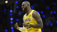 Los Angeles Lakers forward LeBron James (23) reacts in the third quarter against the Cleveland Cavaliers at Rocket Arena.